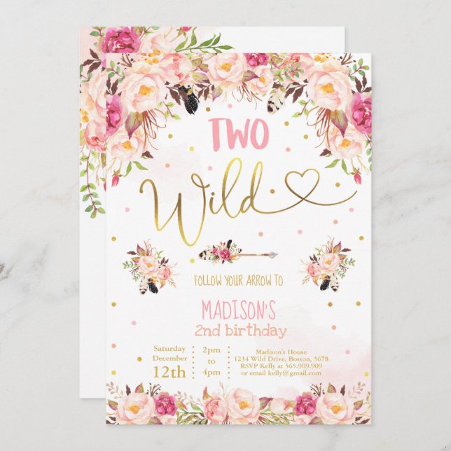 Convites Boho 2 Wilthday Invitation Watercolor Boho (Frente/Verso)