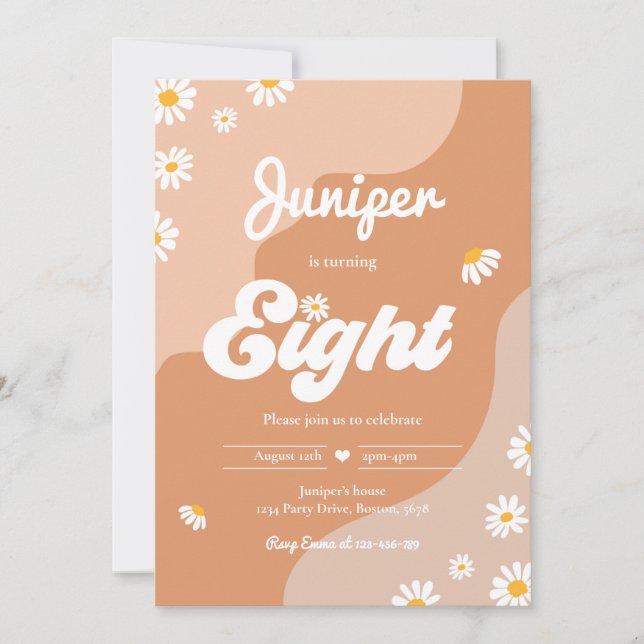 Convites Boho 8º aniversário Daisy Floral Groovy 70 (Frente)