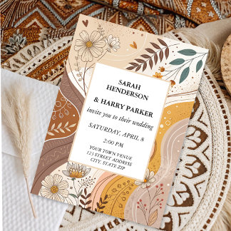 Convites Boho Abstrato Beige Floral Wedding