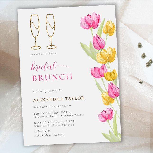 Convites Boho Amarelo Tulipas Douradas Flutes Bridal Brunch (Criador carregado)