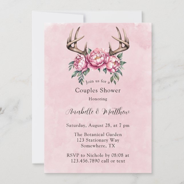 Convites Boho Antler com Chá de casamento de Peões Rosa (Frente)