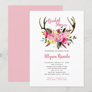 Convites Boho Antlers Rosa Mistura Chá de panela Floral