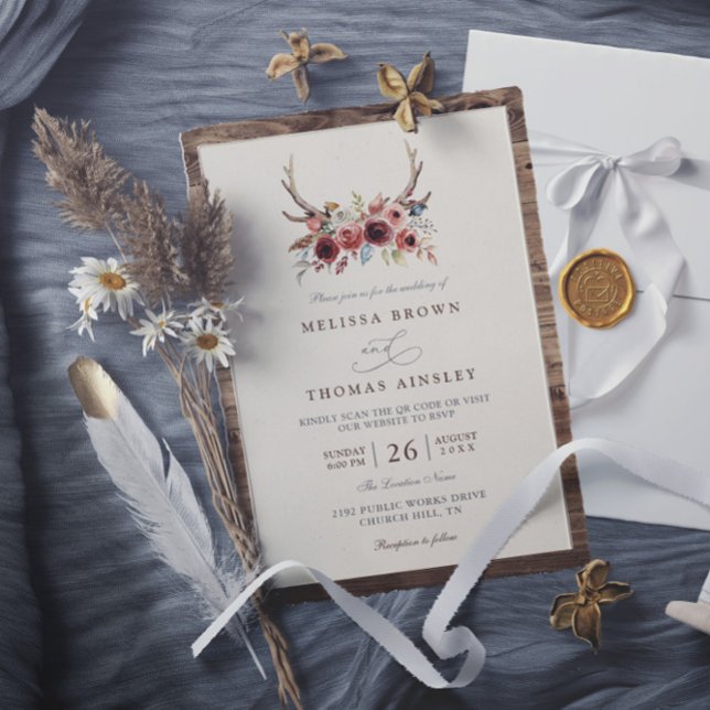 Convites Boho Antlers Terracotta Floral QR Code Wedding (Criador carregado)