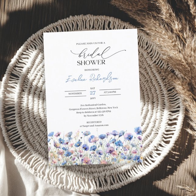 Convites Boho aquarela azul empoeirado e flores silvestres  (Boho watercolor dusty blue and purple wildflowers invitation)