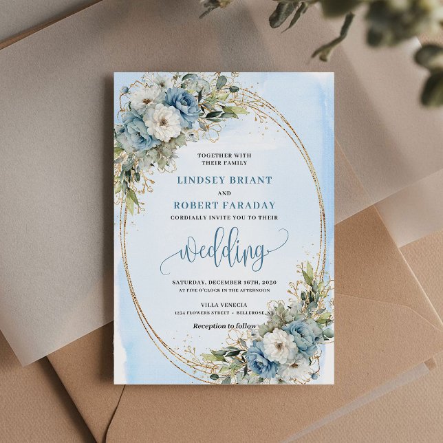 Convites Boho Aquarela Azul Floral Dourado Casamento  (Boho Dusty Blue Floral Gold Glitter Wedding Invite)