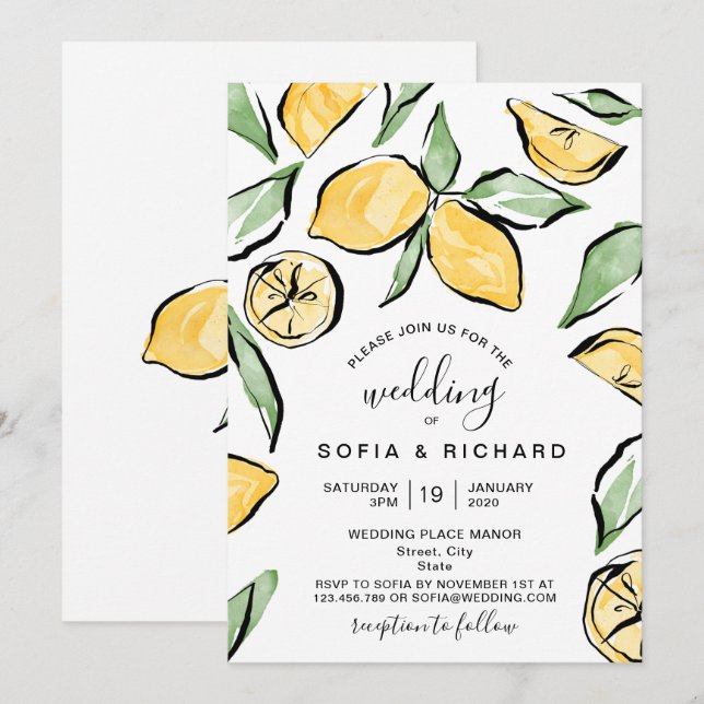 Convites Boho Aquarela Limão Citrino Verde Verão (Frente/Verso)