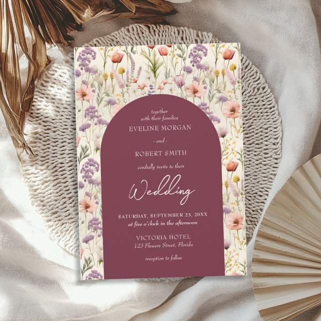 Convites Boho aquarela maroon ivory flores selvagens roxas (Boho watercolor maroon ivory purple wild flowers invitation)