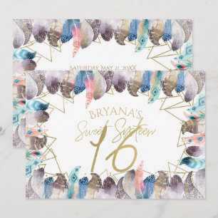 Convites Boho Aquarela Penas Dourado Sweet 16