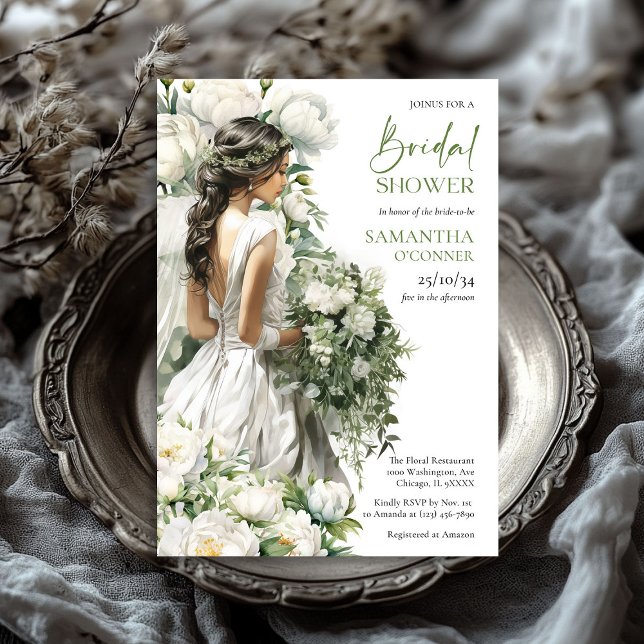 Convites Boho aquarela verde e peonias brancas nozes (Boho watercolor greenery and white peonies bridal shower invitation)