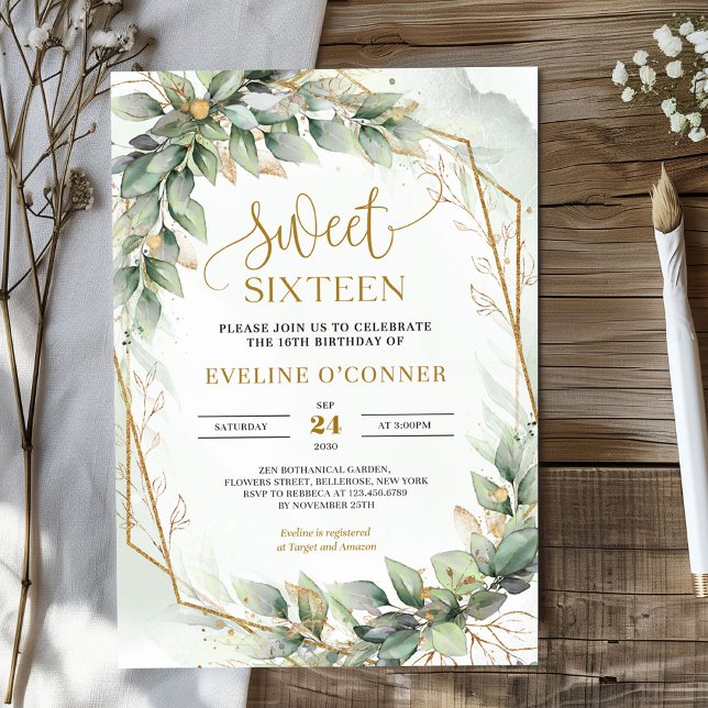 Convites Boho aquarela verde eucalipto doce dezesseis (Watercolor greenery and gold sweet sixteen invitation digital)