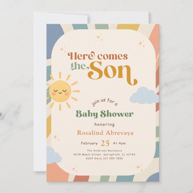 Convites Boho Aqui Vem o Filho Chuveiro de Bebê Retro Sunsh (Frente)