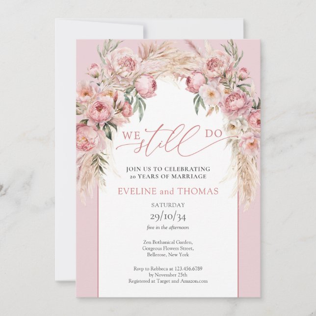 Convites Boho arch borche peonias pampas erva nós ainda faz (Frente)