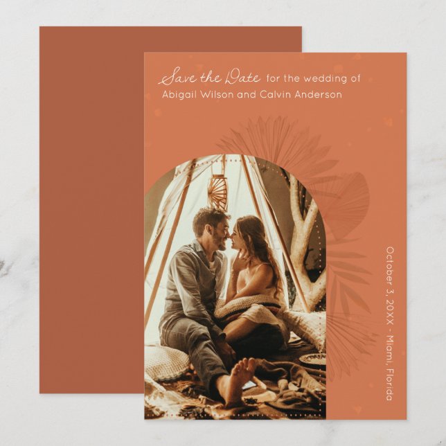 Convites Boho Arch e Palm Terracotta salvam a data (Frente/Verso)