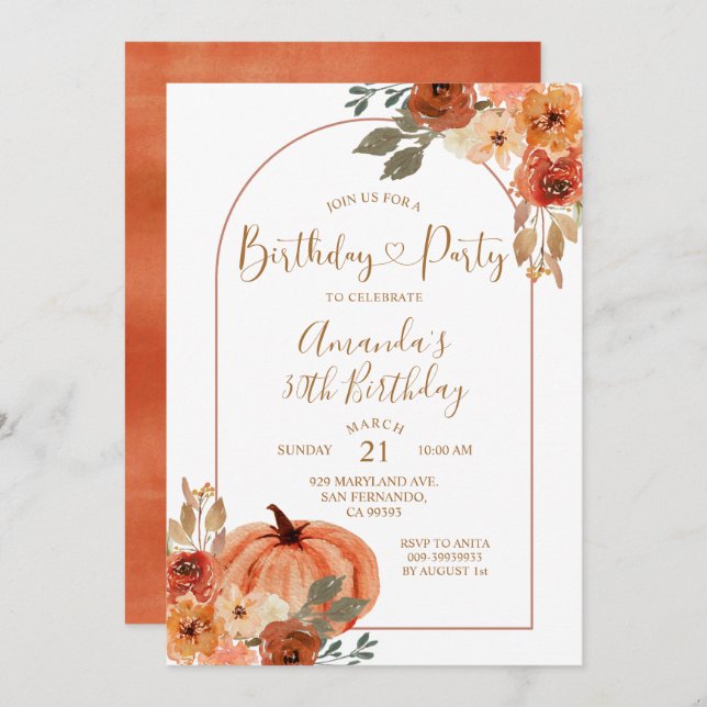 Convites Boho Arch Fall Pumpkin Birthday 30 Party (Frente/Verso)