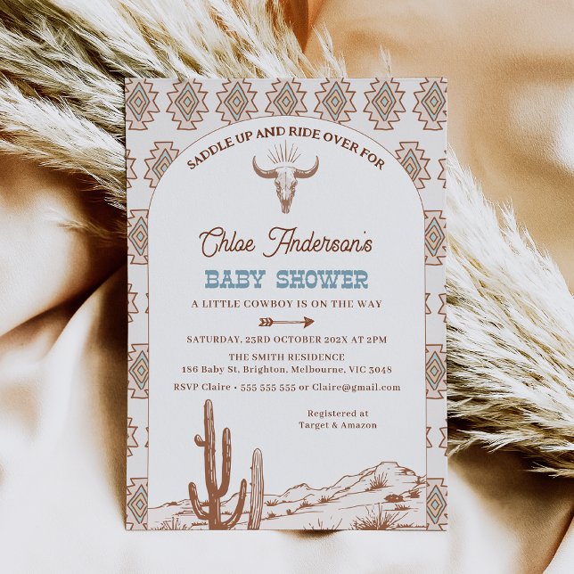 Convites Boho Arch Rodeo Chá de fraldas Ocidental de Boho T (Boys Rodeo Baby Shower Invitation, Cowboy Baby Shower Invitation, Western Wild West Tribal Pattern)
