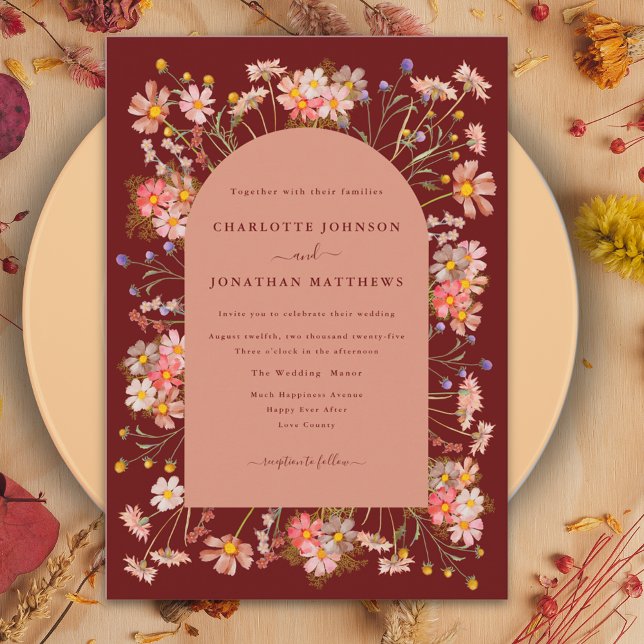 Convites Boho Arco de Terracota de Flores Silvestres Casame (Burnt orange wildflower fall wedding arch invitation)