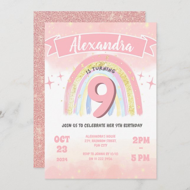 Convites Boho Arco-Íris 9ª Idade Rapariga de Aniversário (Frente/Verso)