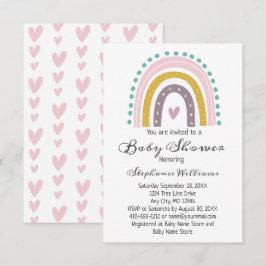 Convites Boho Arco-íris Corações Rosa Roxo Bebê Menina
