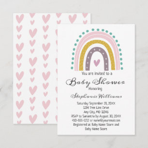 Convites Boho Arco-íris Corações Rosa Roxo Bebê Menina