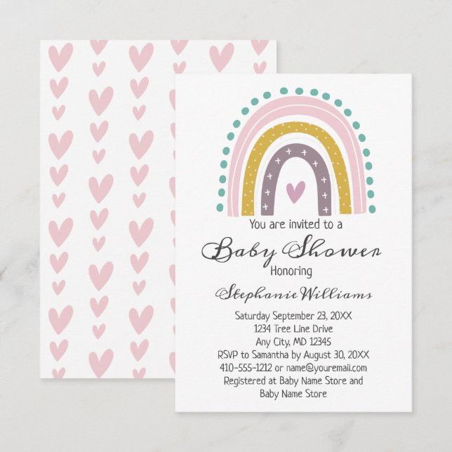 Convites Boho Arco-íris Corações Rosa Roxo Bebê Menina (Frente/Verso)