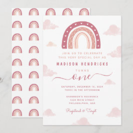 Convites Boho Arco-íris e Nuvens Pastel Rosa Aniversário