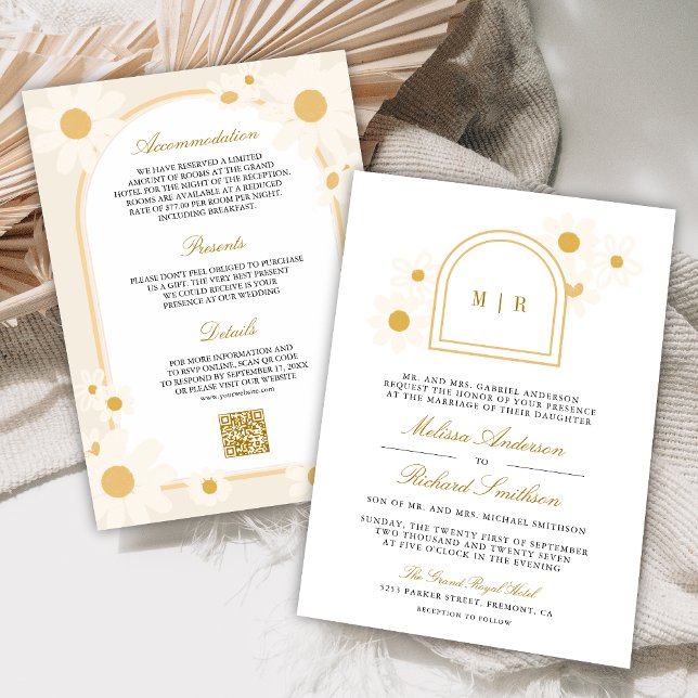 Convites Boho Arco Retro Amarelo Daisy Casamento Tudo em Um (Criador carregado)