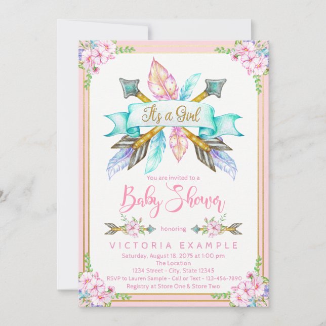 Convites Boho Arrow Feather Girl Baby Shower (Frente)