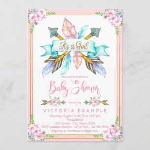 Convites Boho Arrow Feather Girl Baby Shower