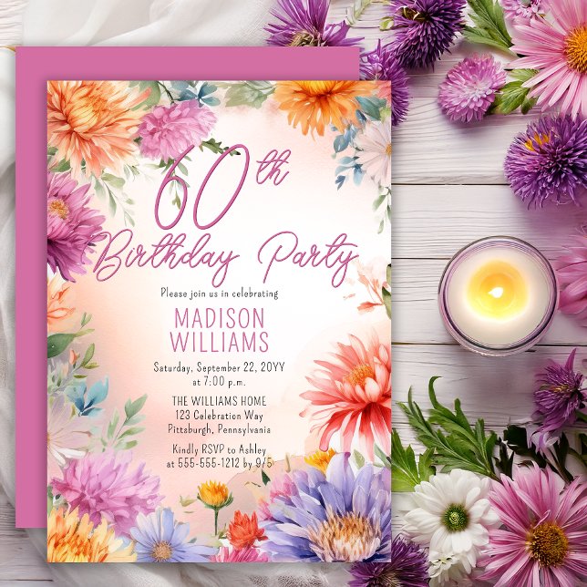 Convites Boho Aster Flowers Floral 60ª Festa de aniversário (Elegant Boho Aster Flowers Floral 60th Birthday Party Invitation - Print | Digital Download)