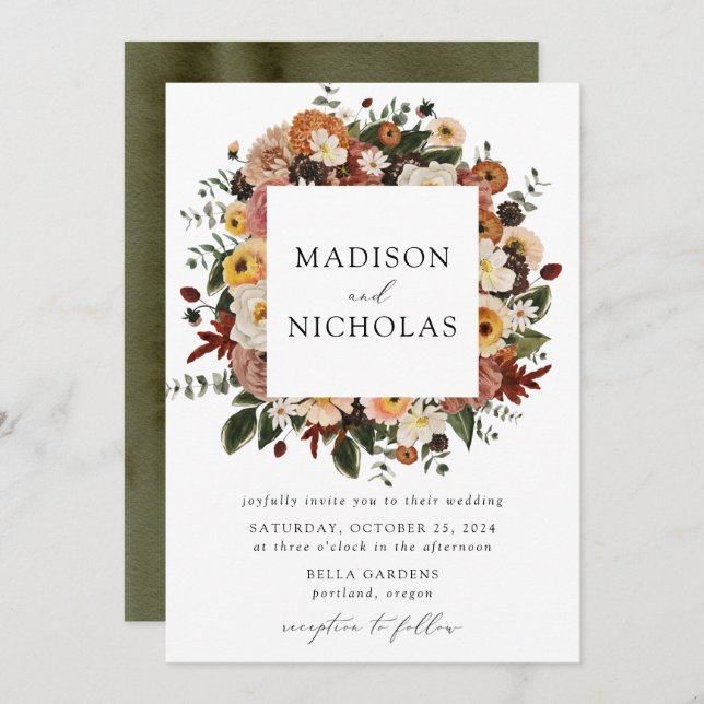 Convites Boho Autumn Floral Frame Wedding (Frente/Verso)