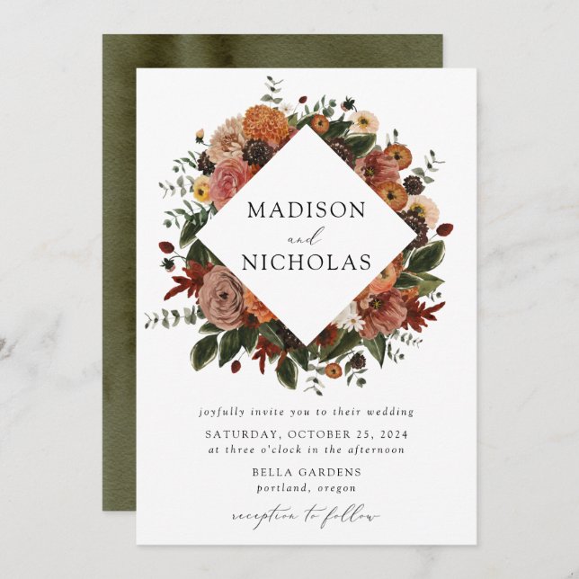 Convites Boho Autumn Floral Frame Wedding (Frente/Verso)