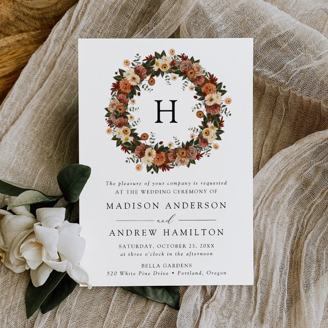 Convites Boho Autumn Floral Monograma Wedding (Criador carregado)