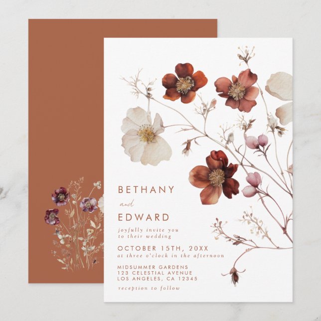 Convites Boho Autumn Floral Wedding (Frente/Verso)