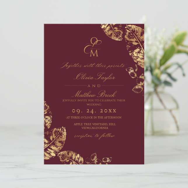 Convites Boho Autumn | Rustic Burgundy e Dourado Casamento (Em pé/Frente)