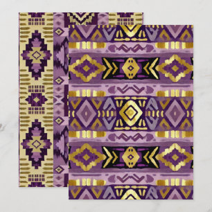 Convites Boho Aztec Geo Padrões Roxo e Dourado Imprimíveis