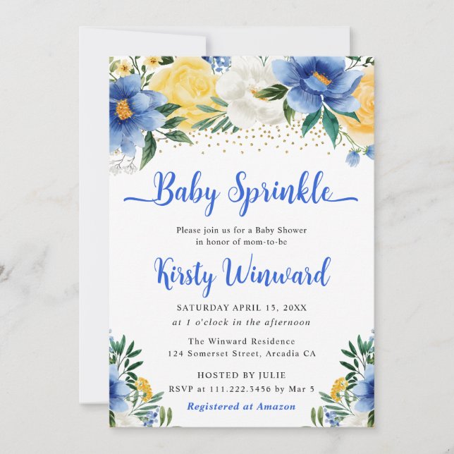 Convites Boho Azul e Amarelo Flores de Verão Baby Sprinkle (Frente)