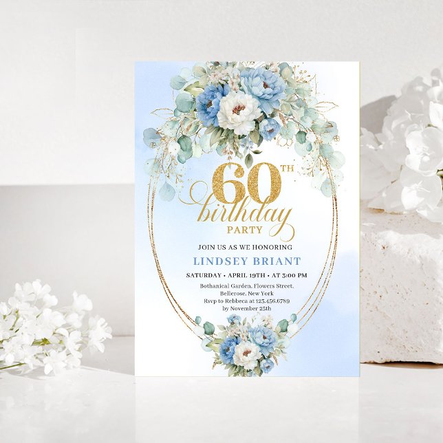 Convites Boho azul e dourado peônia floral chique 60º anive (Blue and gold peony floral chic 60th birthday invitation

)
