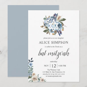 Convites Boho Azul Empoeirado Bege Flores Bat Mitzvah