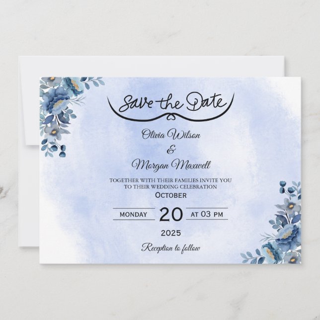 Convites Boho Azul Floral Casamento Salve o Dia (Frente)