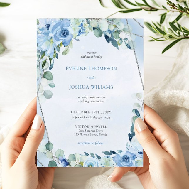 Convites Boho azul floral eucalipto e casamento prateado (Winter blue flowers mixed eucalyptus greenery and silver glitter frame wedding invitation digital)