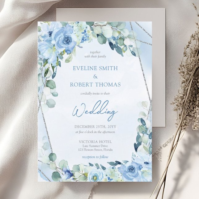 Convites Boho azul floral eucalipto e casamento prateado (Boho light blue flowers mixed fresh eucalyptus and silver glitter frame wedding invitation)
