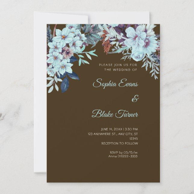 Convites Boho Azul Floral Mocha Marrom Casamento (Frente)