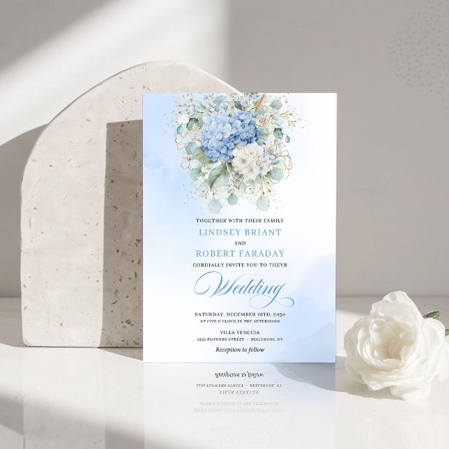 Convites Boho Azul Pó Hidrangea Floral Dourada Casamento  (Boho Powder Blue Hydrangea Gold Floral Wedding Invite)