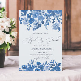 Convites Boho azul rústico mão pintada floral casamento
