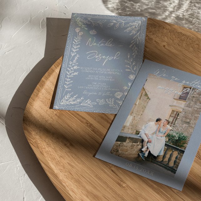 Convites Boho Azure Blue Floral Botanical Photo Fun Wedding (Criador carregado)