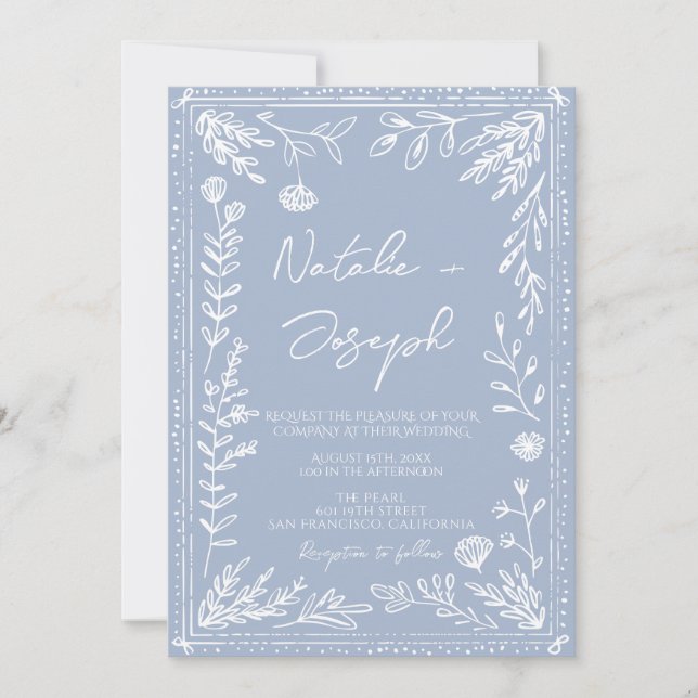 Convites Boho Azure Blue Floral Botanical QR Code Wedding (Frente)
