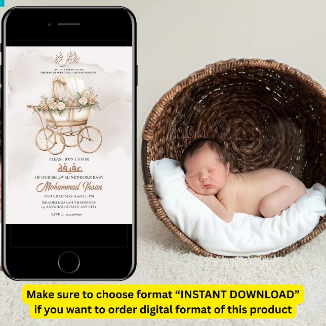 Convites Boho Baby Carruagem Aqiqah Unisex Muslim Newborn (Criador carregado)