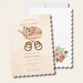 Convites Boho Baby Carruagem Watercolor Chá de fraldas Flor