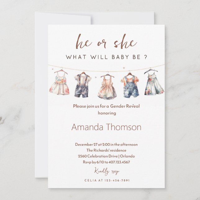 Convites Boho Baby Clothes Gênero Revelação (Frente)