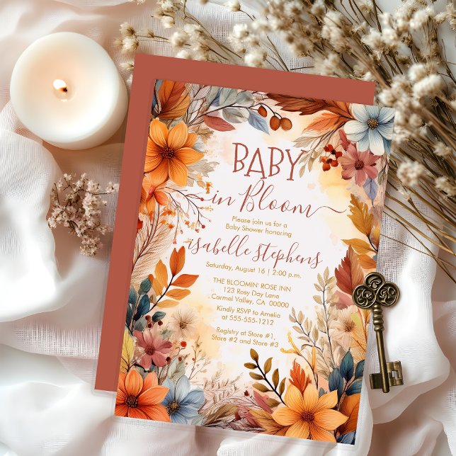 Convites Boho Baby em Flor - Quadro Floral de Outono para C (Boho Baby in Bloom Fall Floral Frame Baby Shower Invitation - Dusky Rose - Print | Digital Download)